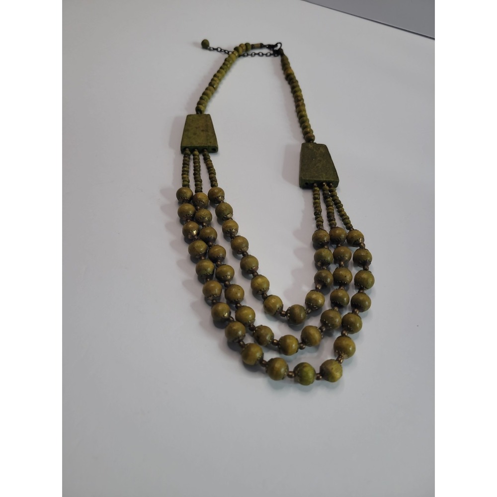 Green Multi Strand Beaded Necklace Olive Statement Boho Tribal Style Jewelry - Picture 6 of 9